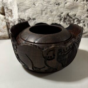 Hand Carved African Exotic Wood Trinket Bowl Elephant and Rhinoceros